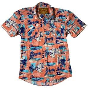 Red camel retro Hawaiian short sleeve button down